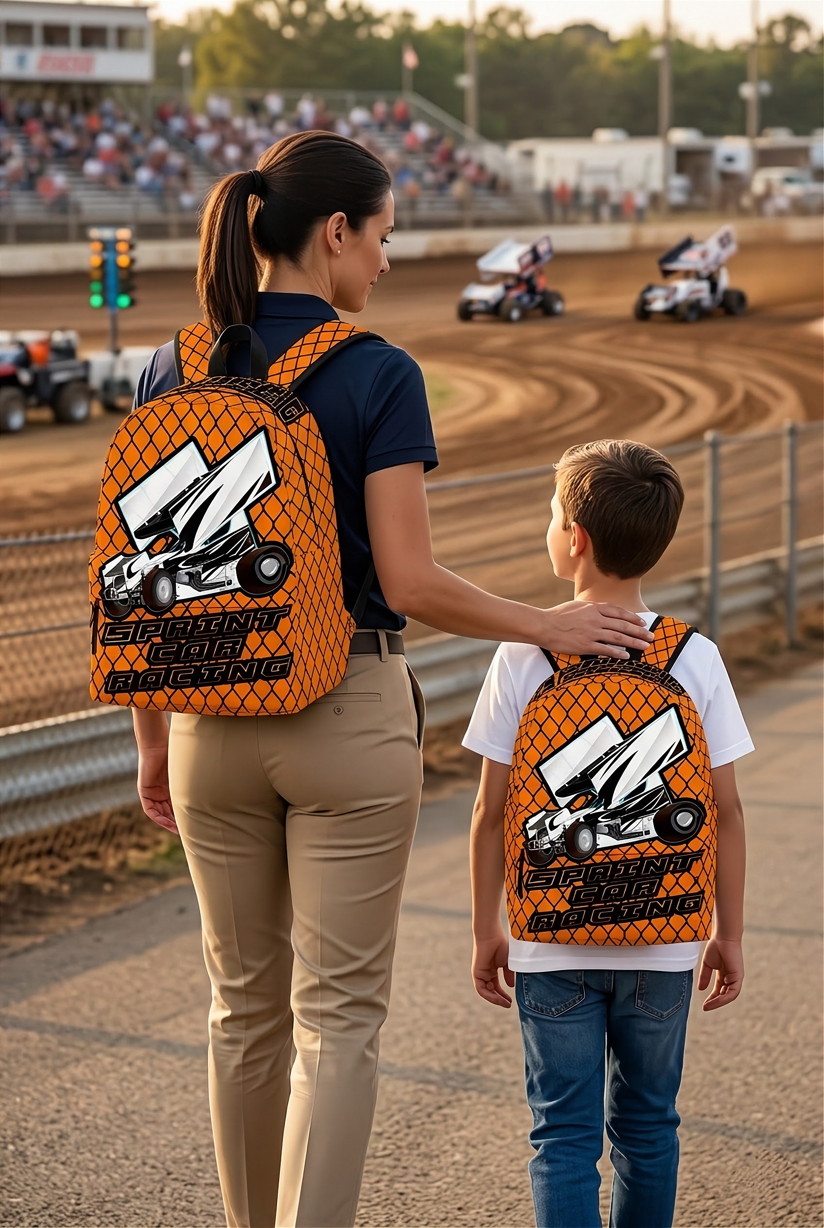 Vibrant orange sprint car racing backpack designed for back to school and motorsport fans, featuring adjustable ergonomic straps and airflow mesh.