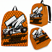 Vibrant orange sprint car racing backpack designed for back to school and motorsport fans, featuring adjustable ergonomic straps and airflow mesh.