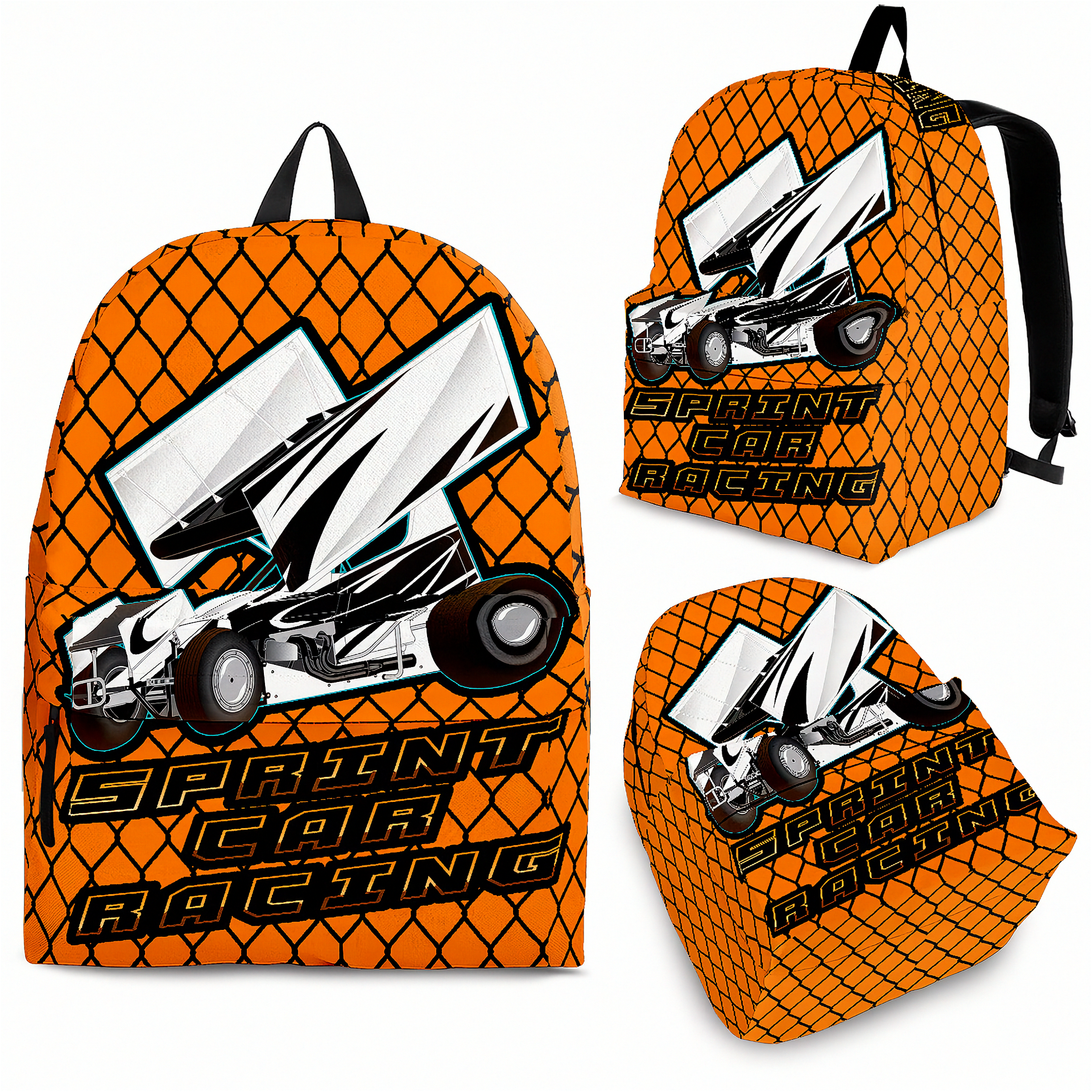 Vibrant orange sprint car racing backpack designed for back to school and motorsport fans, featuring adjustable ergonomic straps and airflow mesh.