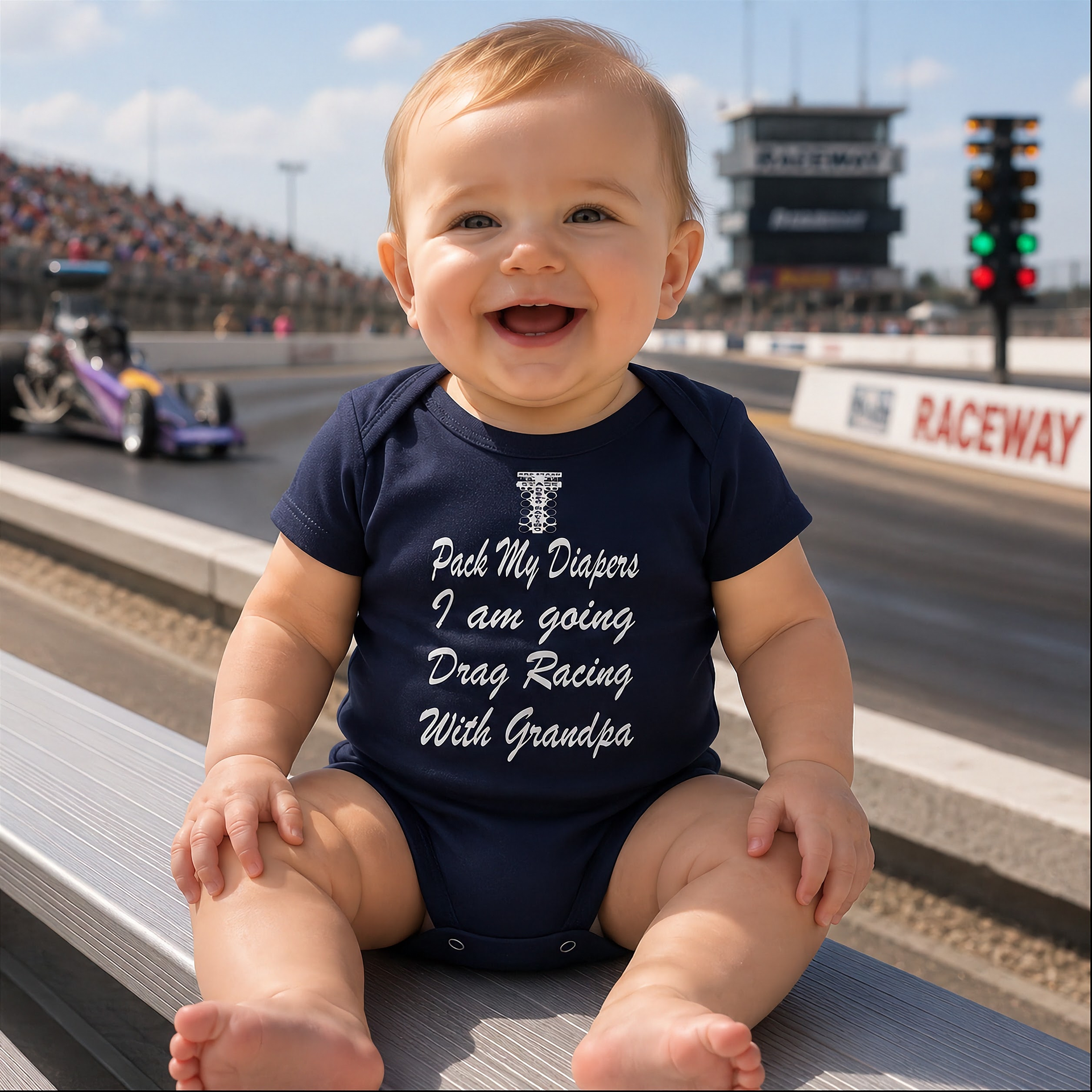 A smiling grandfather leaning against his classic street rod at a drag strip, proudly holding his laughing grandchild who is wearing the funny "Going Drag Racing With Grandpa" bodysuit.
