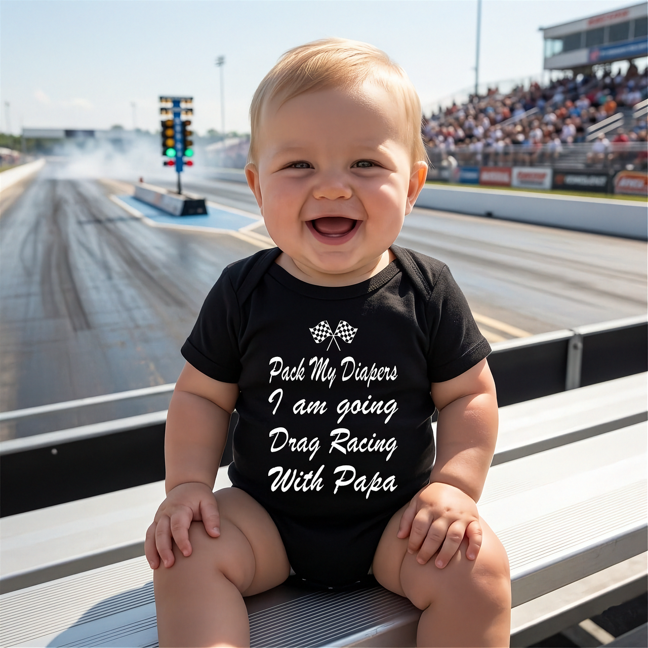 A proud grandfather leaning against his classic muscle car at a drag strip, smiling warmly as he holds his grandkid who is wearing the funny "Going Drag Racing With Papa" baby bodysuit.