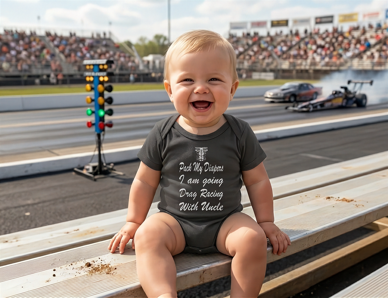 A cool uncle standing in the pit area of a drag strip, holding his laughing niece who is wearing the "Going Drag Racing With Uncle" bodysuit, with a modified race car visible in the background.