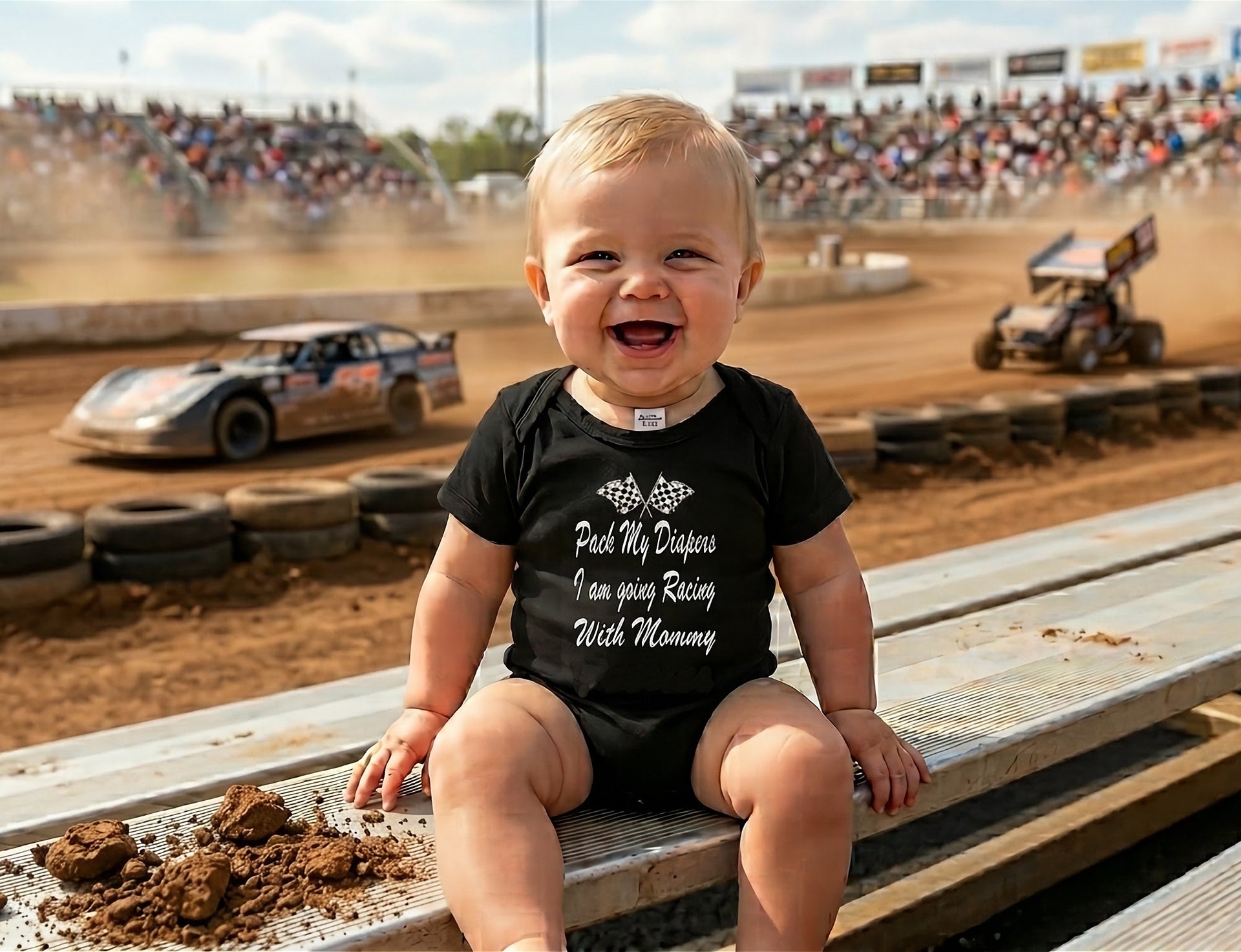 A proud female race car driver in her professional racing suit holding her smiling baby, who is wearing the "Going Racing With Mommy" bodysuit, while sitting on the front tire of her open-wheel race car in the pits.