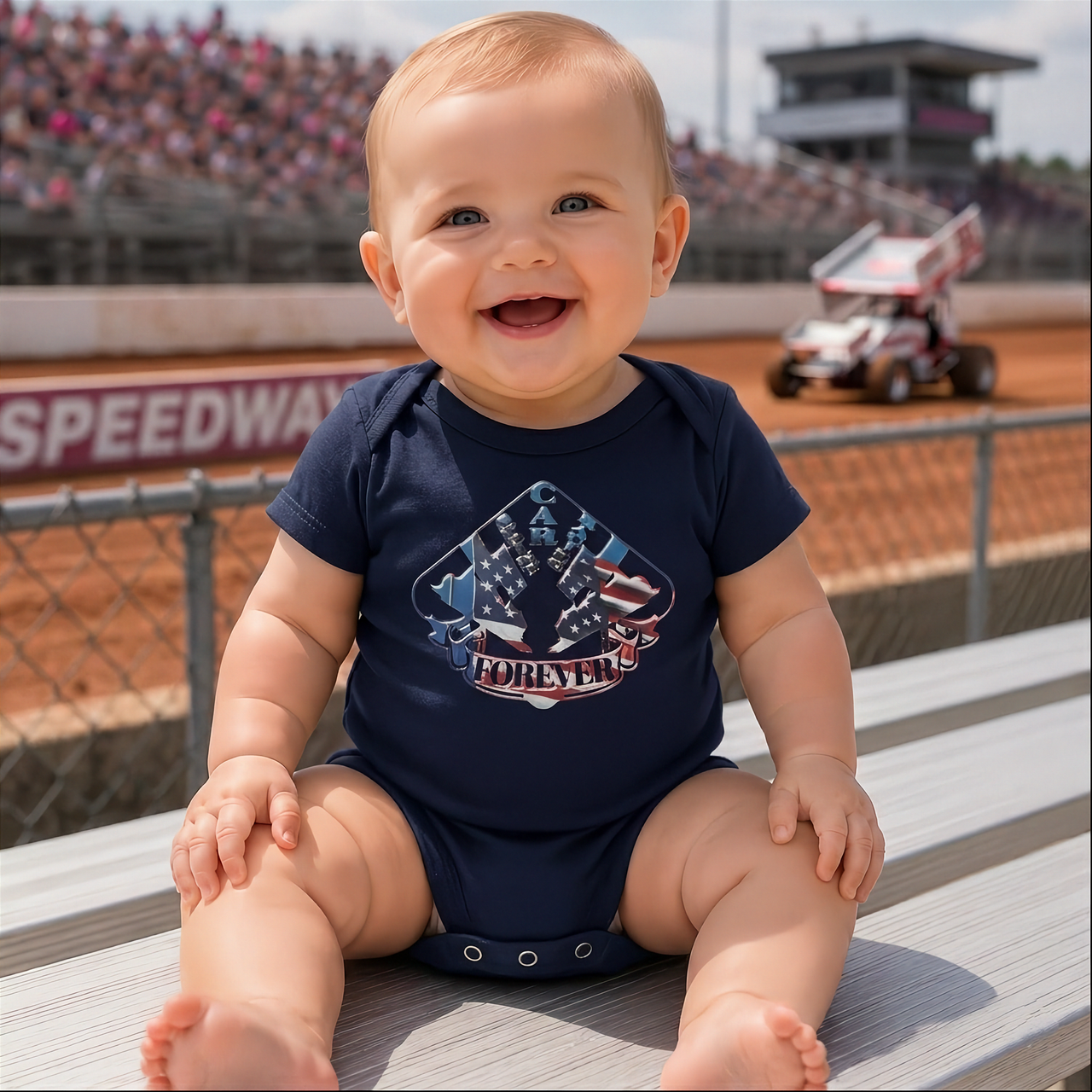 A young child wearing a patriotic USA sprint car t-shirt, sitting on the lowered tailgate of a pickup truck in a dusty racetrack parking lot while holding a small American flag.