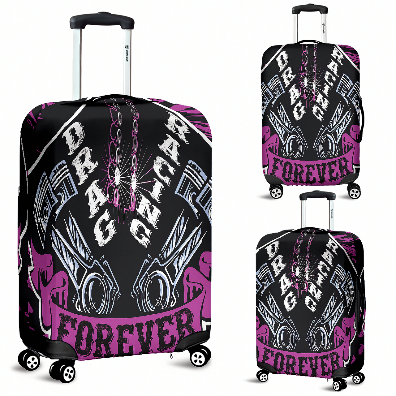 Bright pink drag racing themed luggage cover designed for motorsport fans, featuring a protective stretch-fit spandex blend and a zipper-bottom.