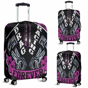 Bright pink drag racing themed luggage cover designed for motorsport fans, featuring a protective stretch-fit spandex blend and a zipper-bottom.
