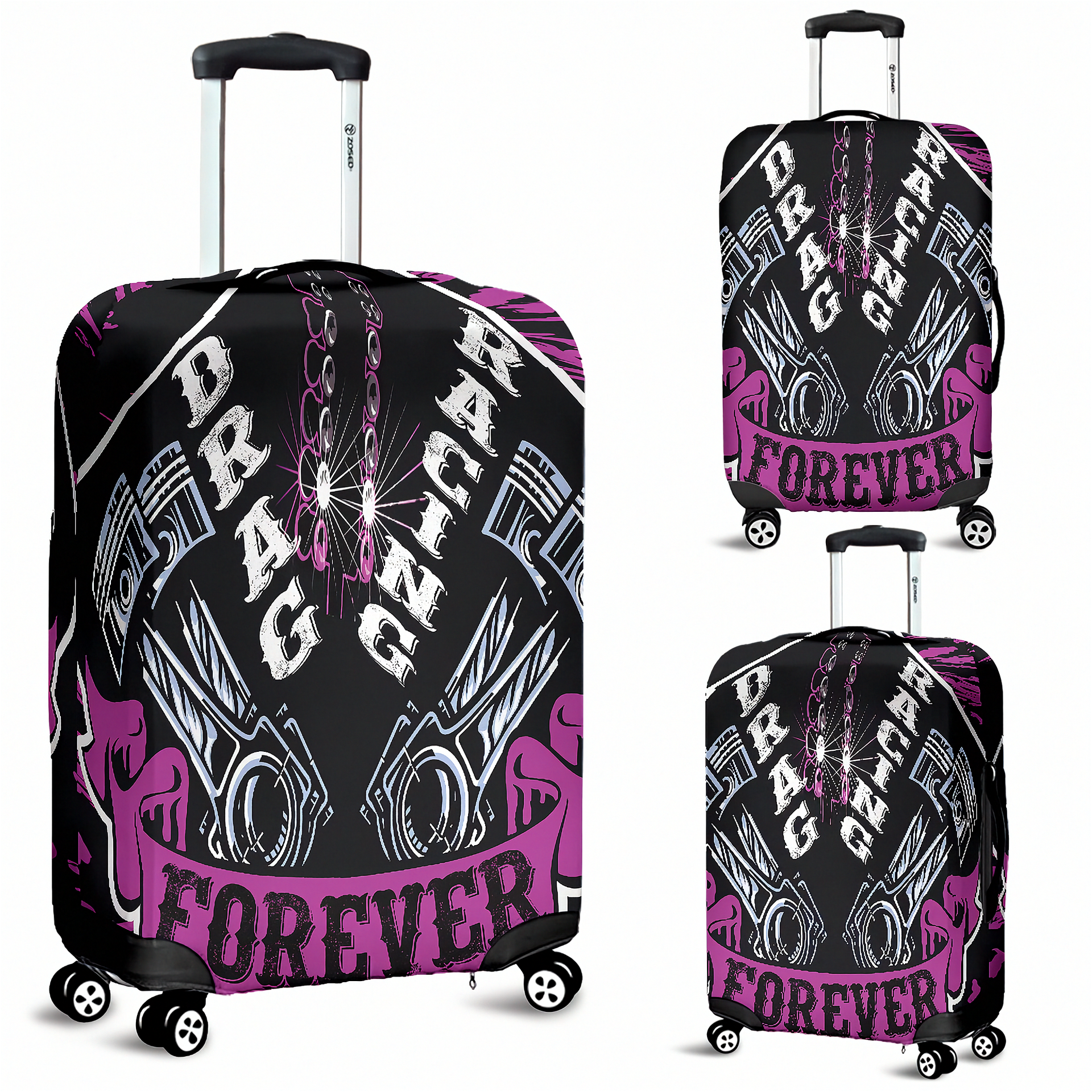 Bright pink drag racing themed luggage cover designed for motorsport fans, featuring a protective stretch-fit spandex blend and a zipper-bottom.