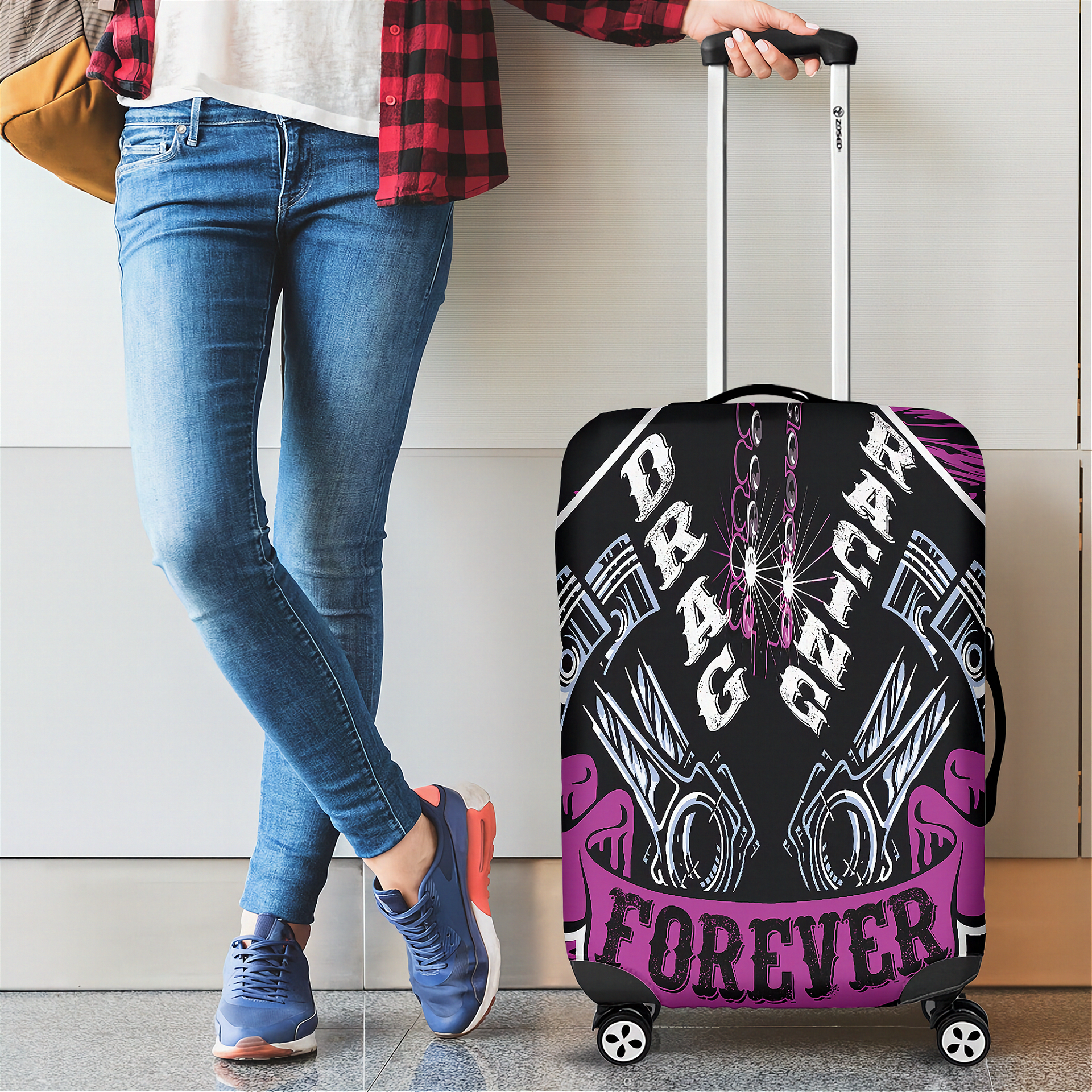 Bright pink drag racing themed luggage cover designed for motorsport fans, featuring a protective stretch-fit spandex blend and a zipper-bottom.