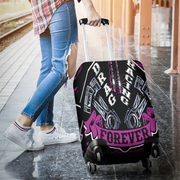 Bright pink drag racing themed luggage cover designed for motorsport fans, featuring a protective stretch-fit spandex blend and a zipper-bottom.