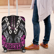 Bright pink drag racing themed luggage cover designed for motorsport fans, featuring a protective stretch-fit spandex blend and a zipper-bottom.