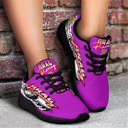 Custom pink drag racing sneakers featuring breathable mesh and memory foam insoles for women motorsports fans and pit crews.