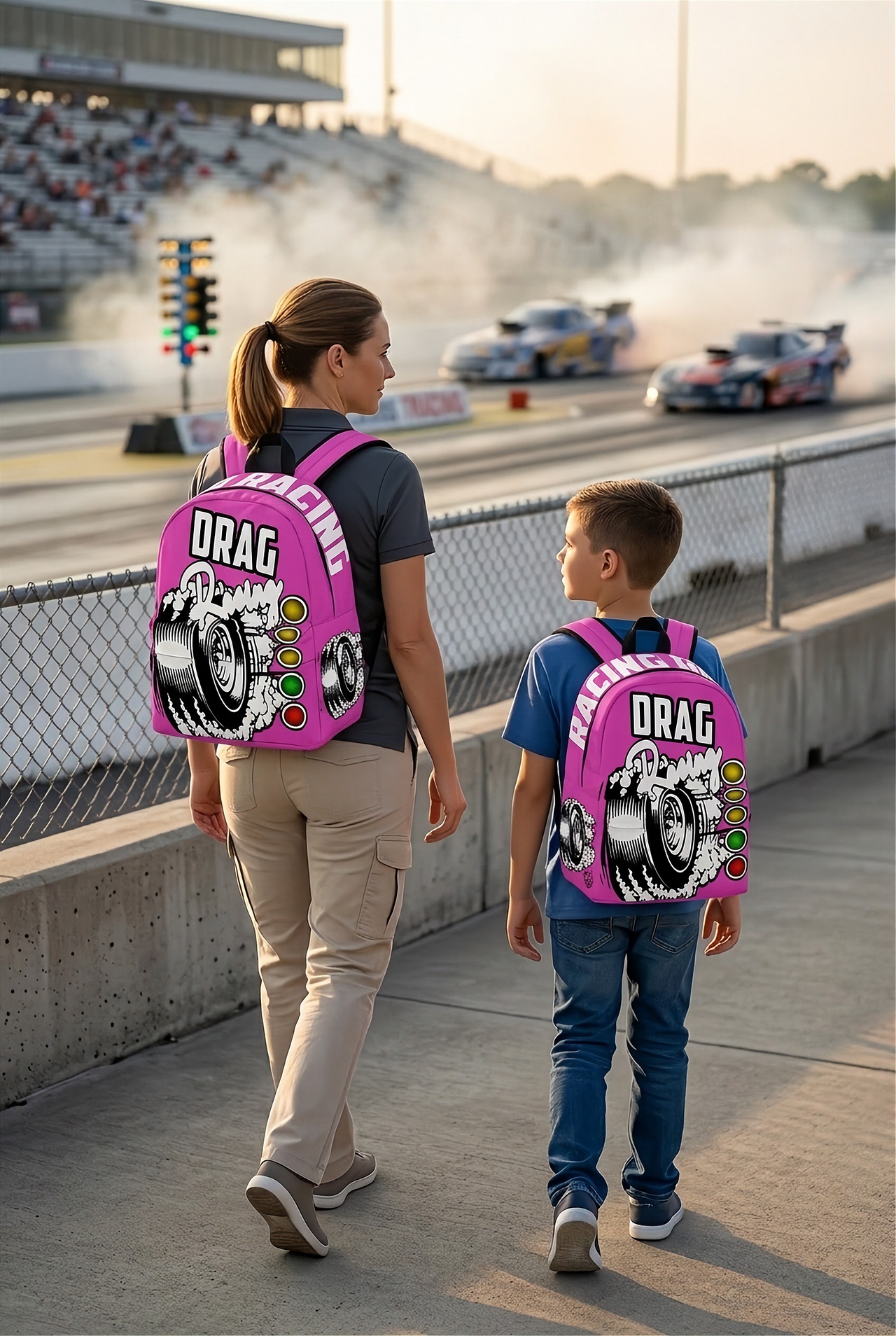 Heavy-duty pink drag racing track backpack designed for back to school and motorsport fans, featuring adjustable ergonomic straps and airflow mesh.