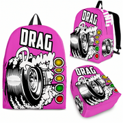 Heavy-duty pink drag racing track backpack designed for back to school and motorsport fans, featuring adjustable ergonomic straps and airflow mesh.