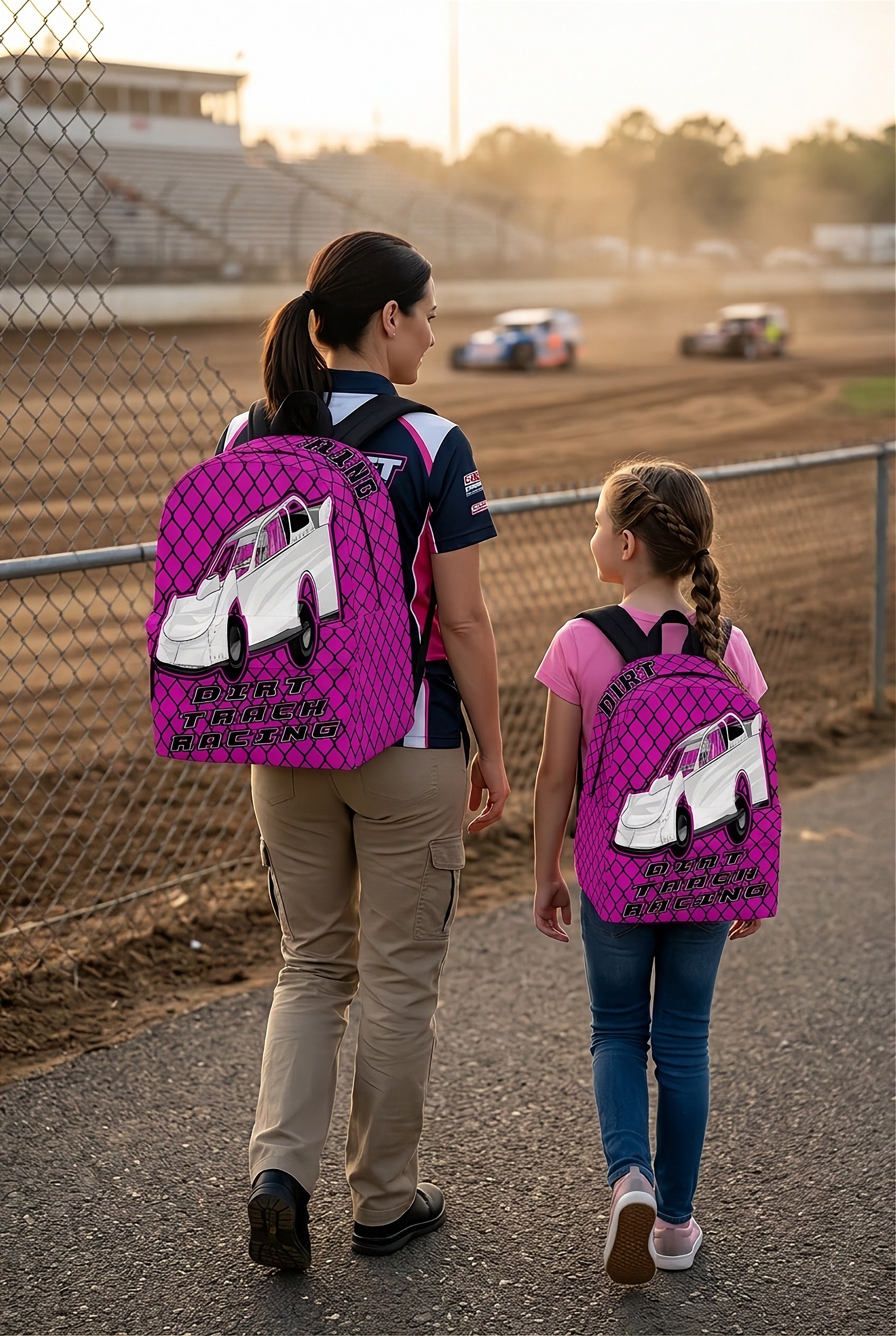 Vibrant pink late model dirt track racing backpack designed for back to school and motorsports fans, featuring ergonomic straps and padded mesh cushioning.