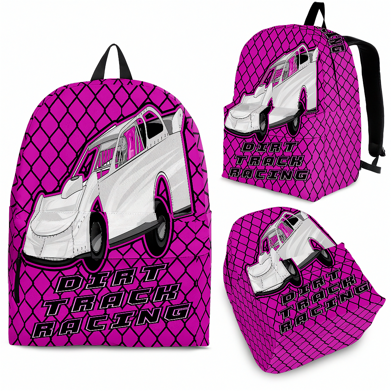 Vibrant pink late model dirt track racing backpack designed for back to school and motorsports fans, featuring ergonomic straps and padded mesh cushioning.