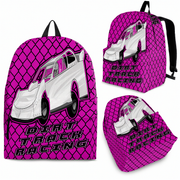 Vibrant pink late model dirt track racing backpack designed for back to school and motorsports fans, featuring ergonomic straps and padded mesh cushioning.