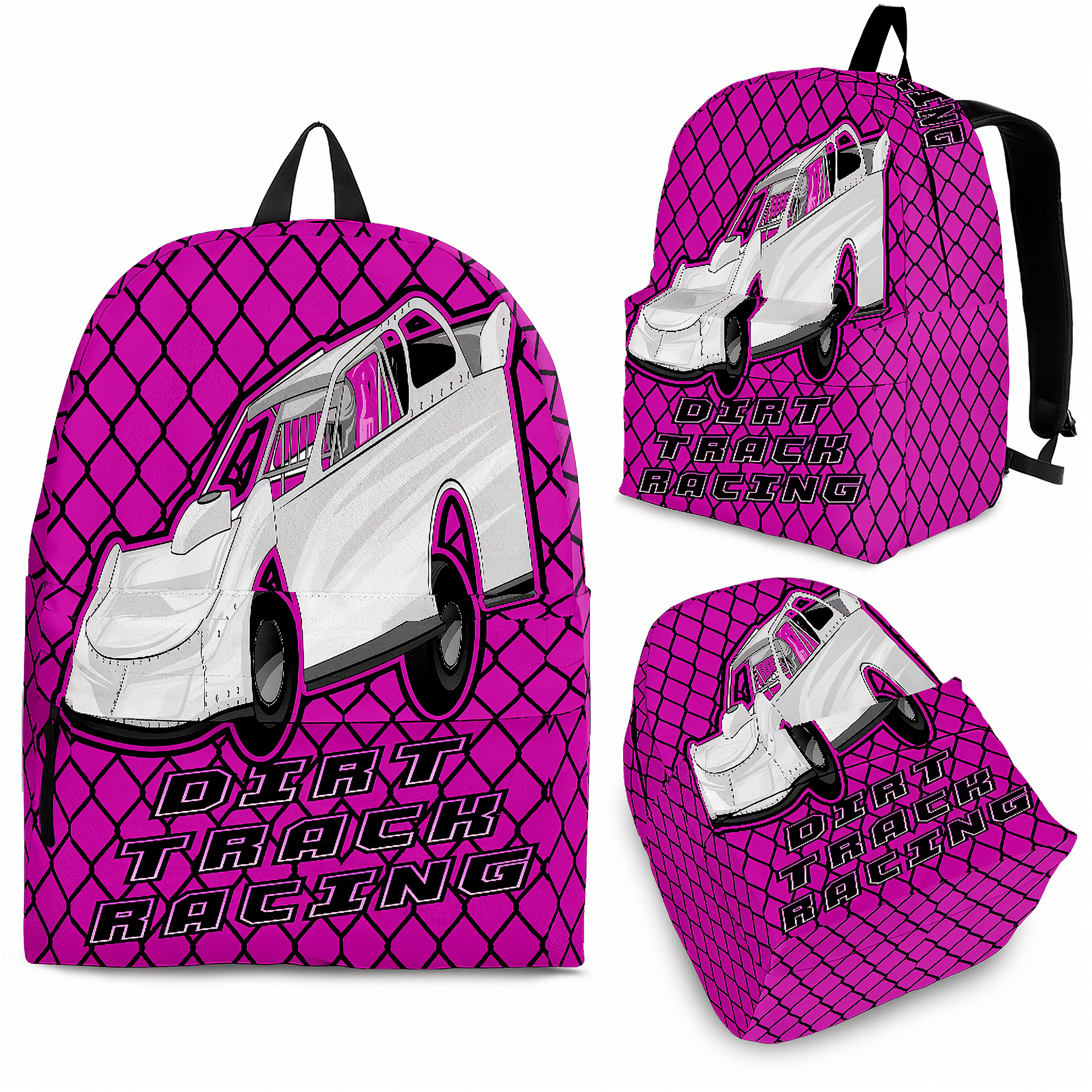 Vibrant pink late model dirt track racing backpack designed for back to school and motorsports fans, featuring ergonomic straps and padded mesh cushioning.