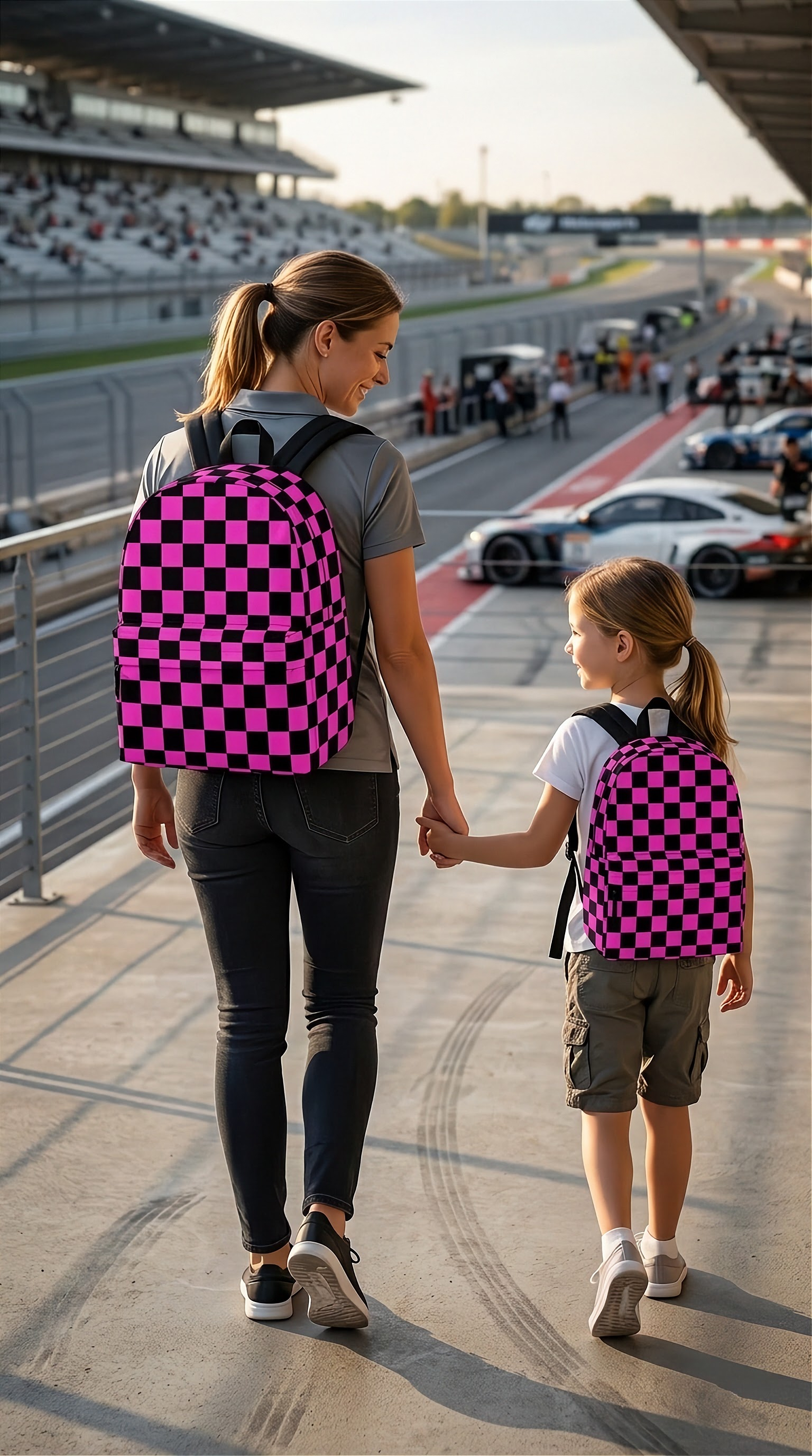 Pink racing checkered track backpack designed for back to school and motorsport fans, featuring a bold checkerboard print and adjustable shoulder straps.