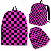 Pink racing checkered track backpack designed for back to school and motorsport fans, featuring a bold checkerboard print and adjustable shoulder straps.