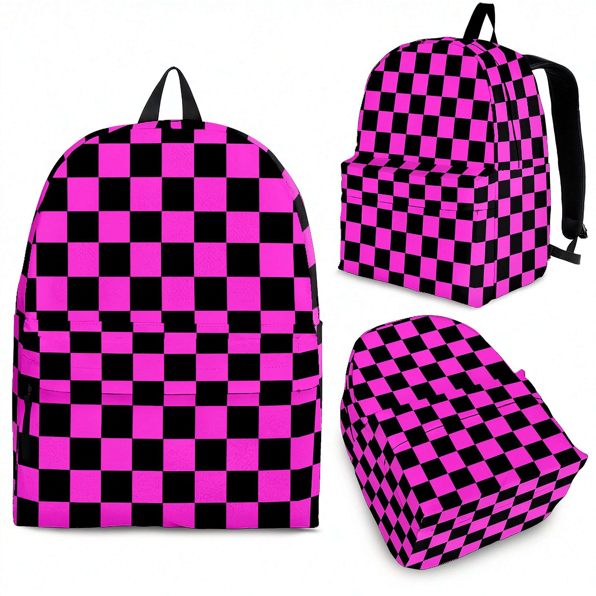 Pink racing checkered track backpack designed for back to school and motorsport fans, featuring a bold checkerboard print and adjustable shoulder straps.