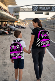 Pink racing track backpack designed for back to school and motorsport fans, featuring a padded airflow mesh back panel and ergonomic shoulder straps.