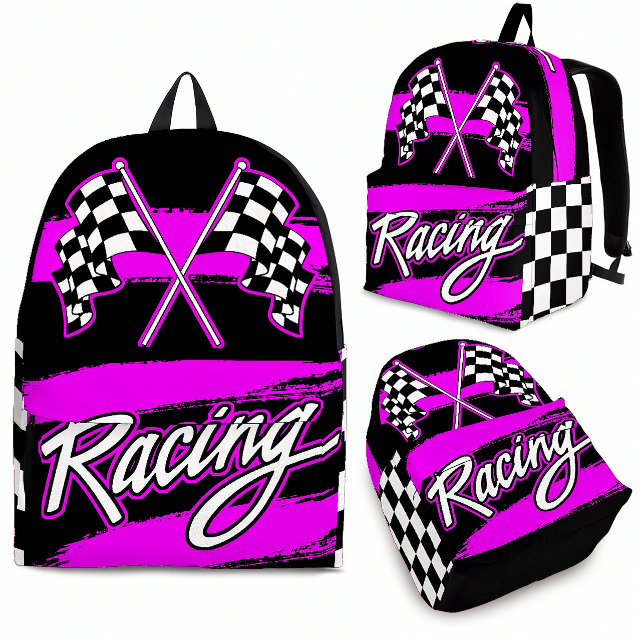 Pink racing track backpack designed for back to school and motorsport fans, featuring a padded airflow mesh back panel and ergonomic shoulder straps.