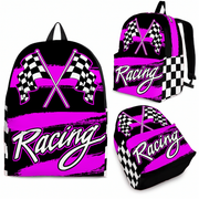 Pink racing track backpack designed for back to school and motorsport fans, featuring a padded airflow mesh back panel and ergonomic shoulder straps.