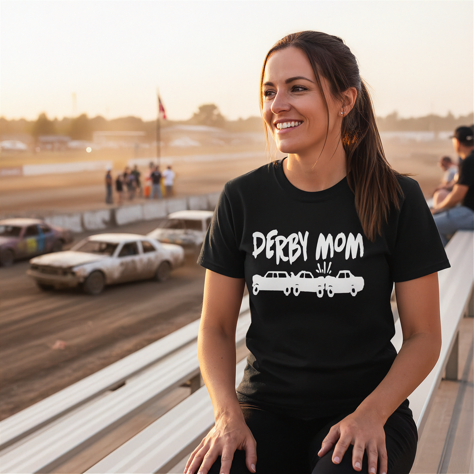 Women's crash car racing apparel featuring the phrase Derby Mom for demolition derby, fairground mud tracks, and motorsports mothers.