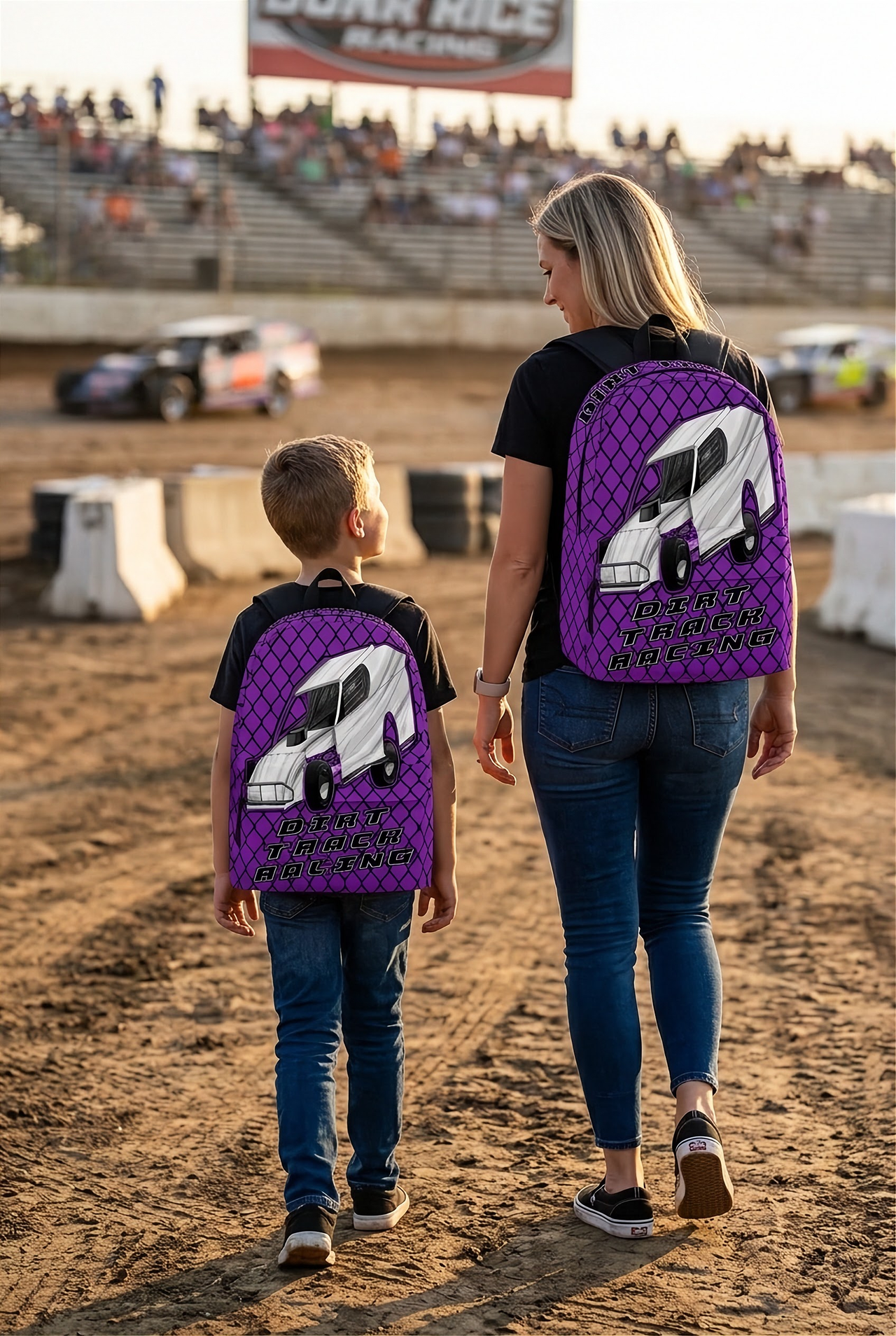 Vibrant purple dirt modified racing backpack designed for back to school and motorsport fans, featuring padded mesh cushioning and ergonomic straps.