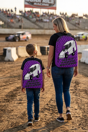 Vibrant purple dirt modified racing backpack designed for back to school and motorsport fans, featuring padded mesh cushioning and ergonomic straps.