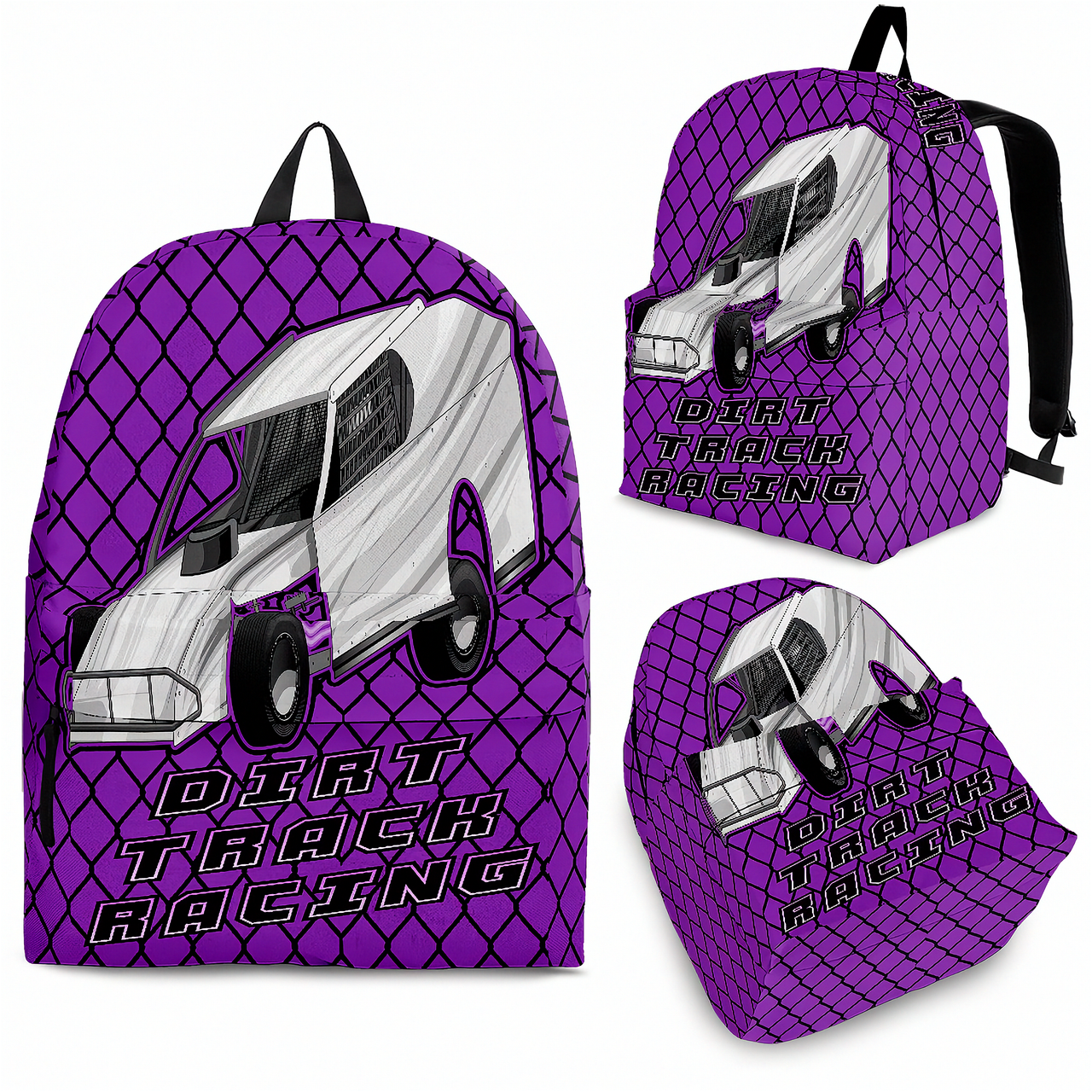 Vibrant purple dirt modified racing backpack designed for back to school and motorsport fans, featuring padded mesh cushioning and ergonomic straps.