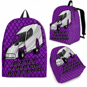 Vibrant purple dirt modified racing backpack designed for back to school and motorsport fans, featuring padded mesh cushioning and ergonomic straps.