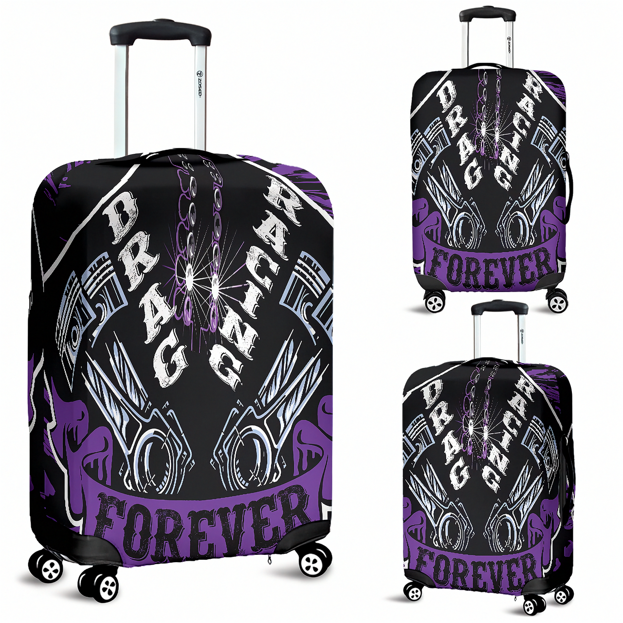 Bold purple drag racing themed luggage cover designed for motorsport fans, featuring a protective stretch-fit spandex blend and a zipper-bottom.