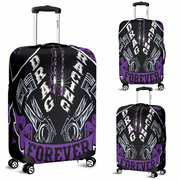 Bold purple drag racing themed luggage cover designed for motorsport fans, featuring a protective stretch-fit spandex blend and a zipper-bottom.