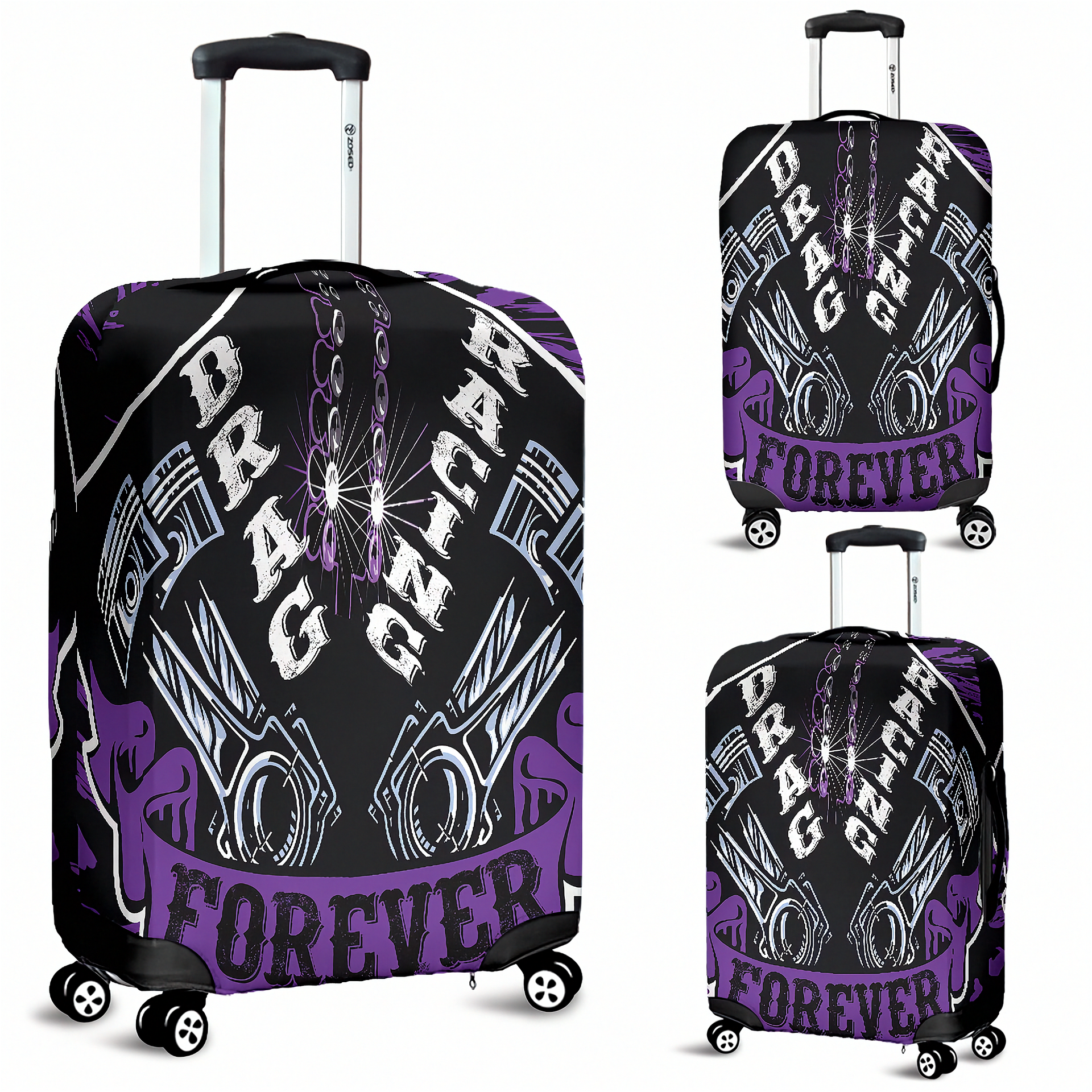 Bold purple drag racing themed luggage cover designed for motorsport fans, featuring a protective stretch-fit spandex blend and a zipper-bottom.