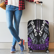 Bold purple drag racing themed luggage cover designed for motorsport fans, featuring a protective stretch-fit spandex blend and a zipper-bottom.