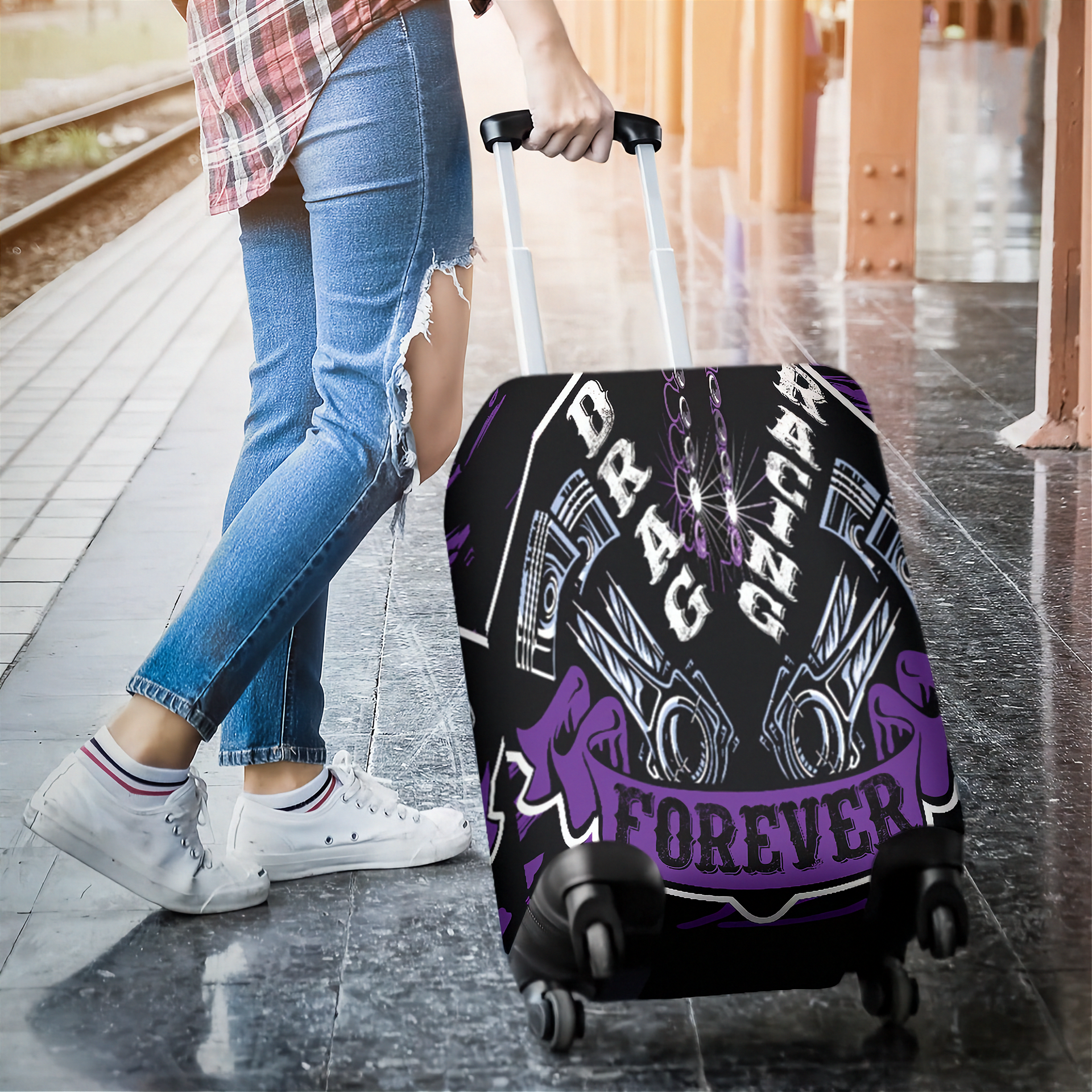 Bold purple drag racing themed luggage cover designed for motorsport fans, featuring a protective stretch-fit spandex blend and a zipper-bottom.