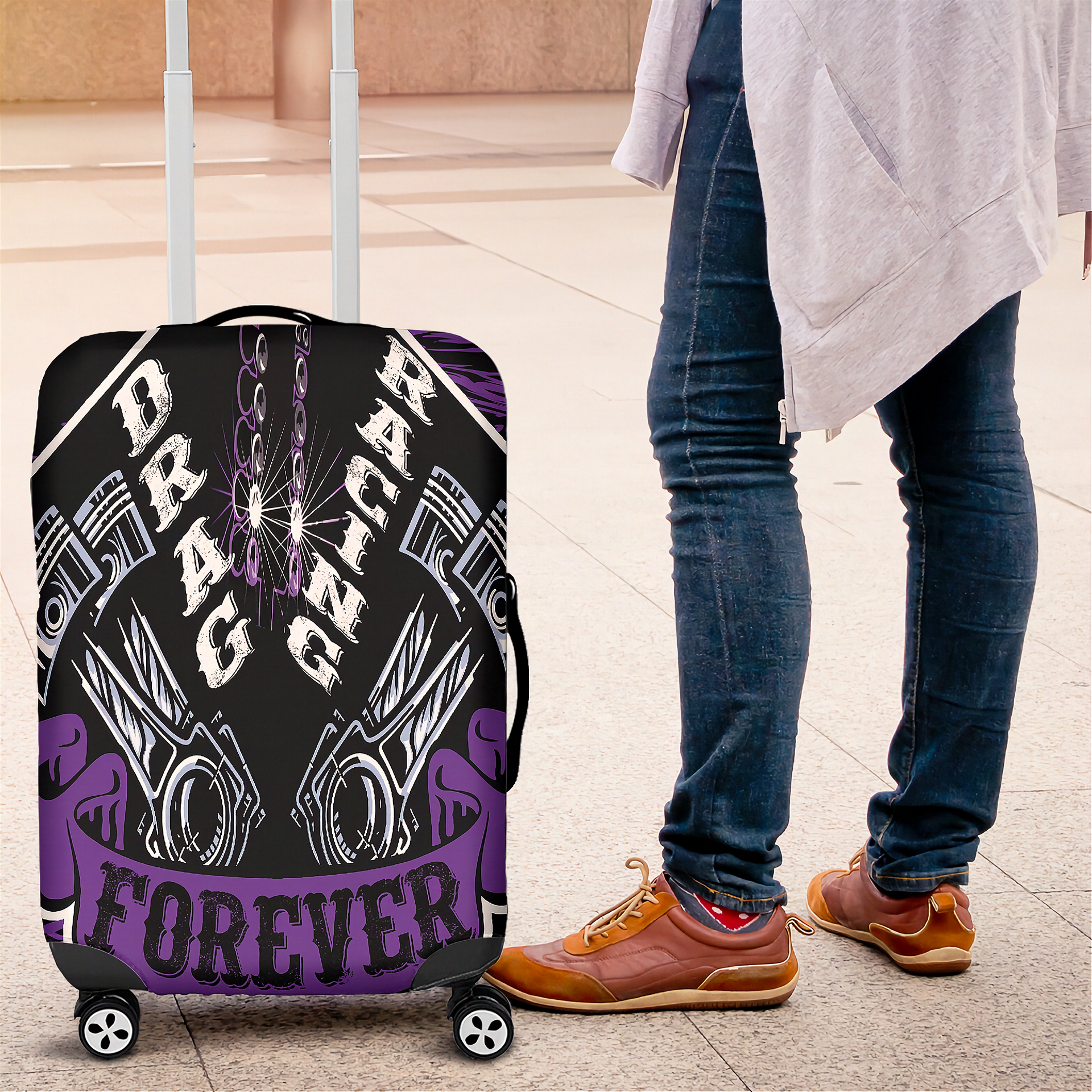 Bold purple drag racing themed luggage cover designed for motorsport fans, featuring a protective stretch-fit spandex blend and a zipper-bottom.