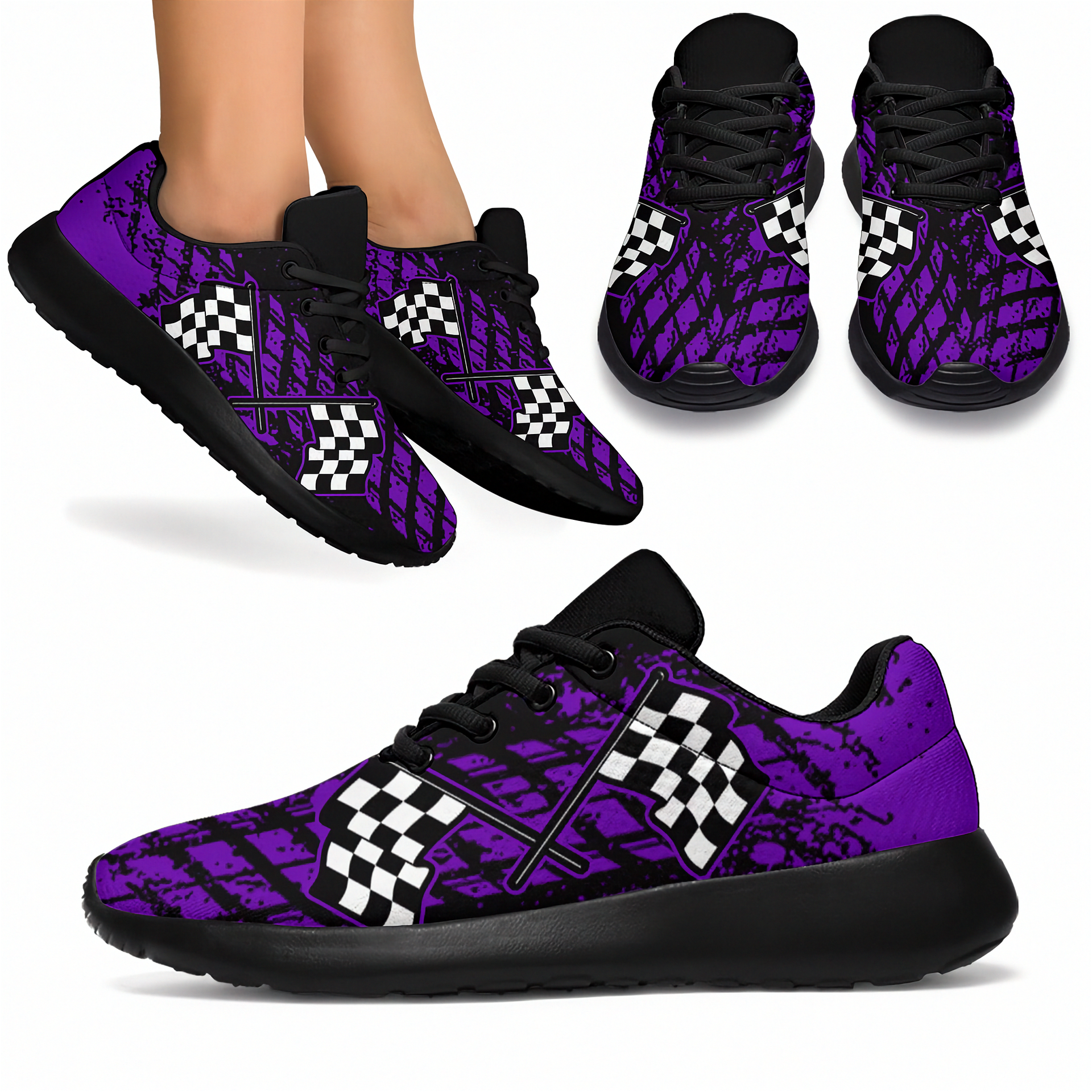 A pair of custom-designed dirt racing sneakers featuring a purple and black muddy tire track pattern with crossed checkered flags, shown from two different angles on a solid white background.