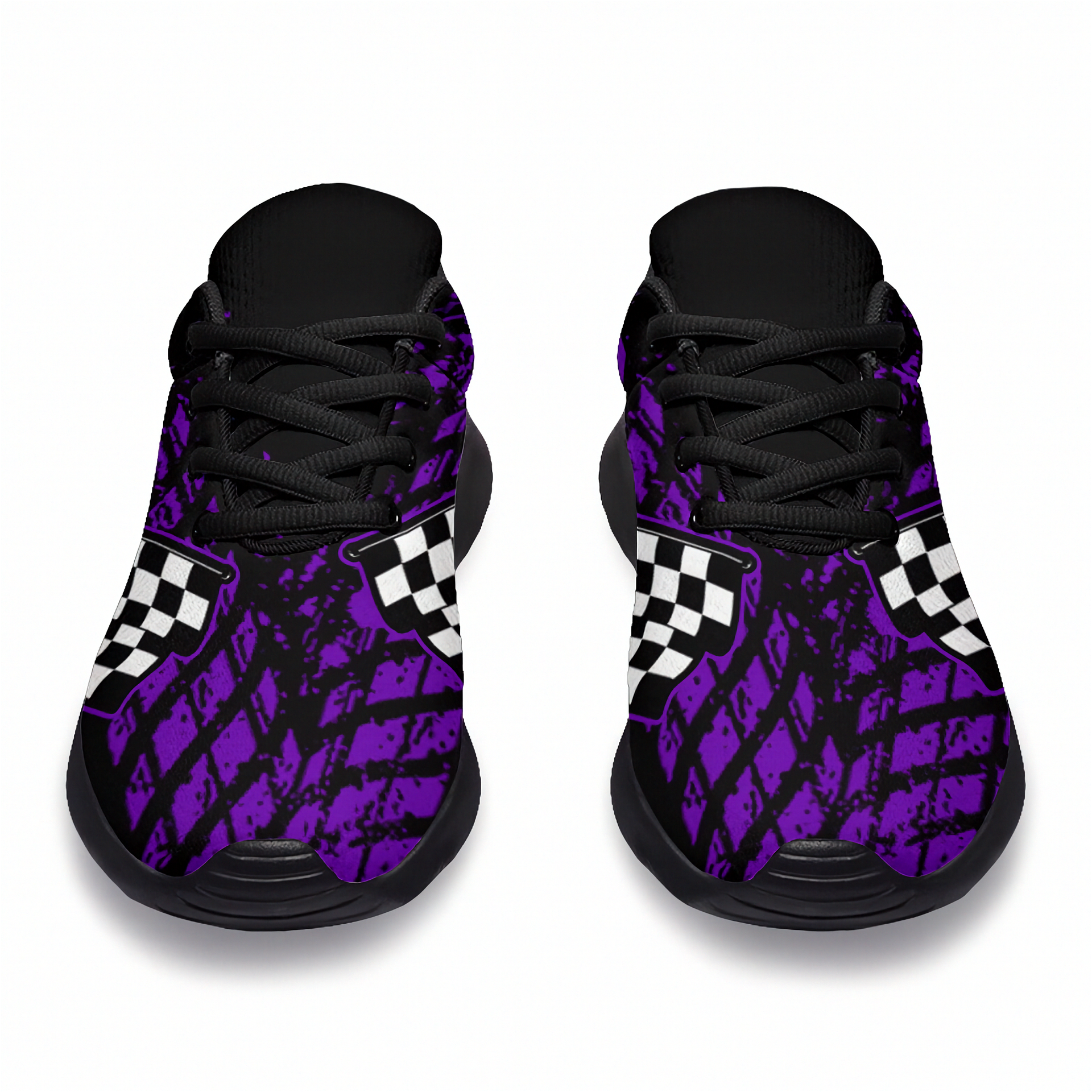 A pair of custom-designed dirt racing sneakers featuring a purple and black muddy tire track pattern with crossed checkered flags, shown from two different angles on a solid white background.