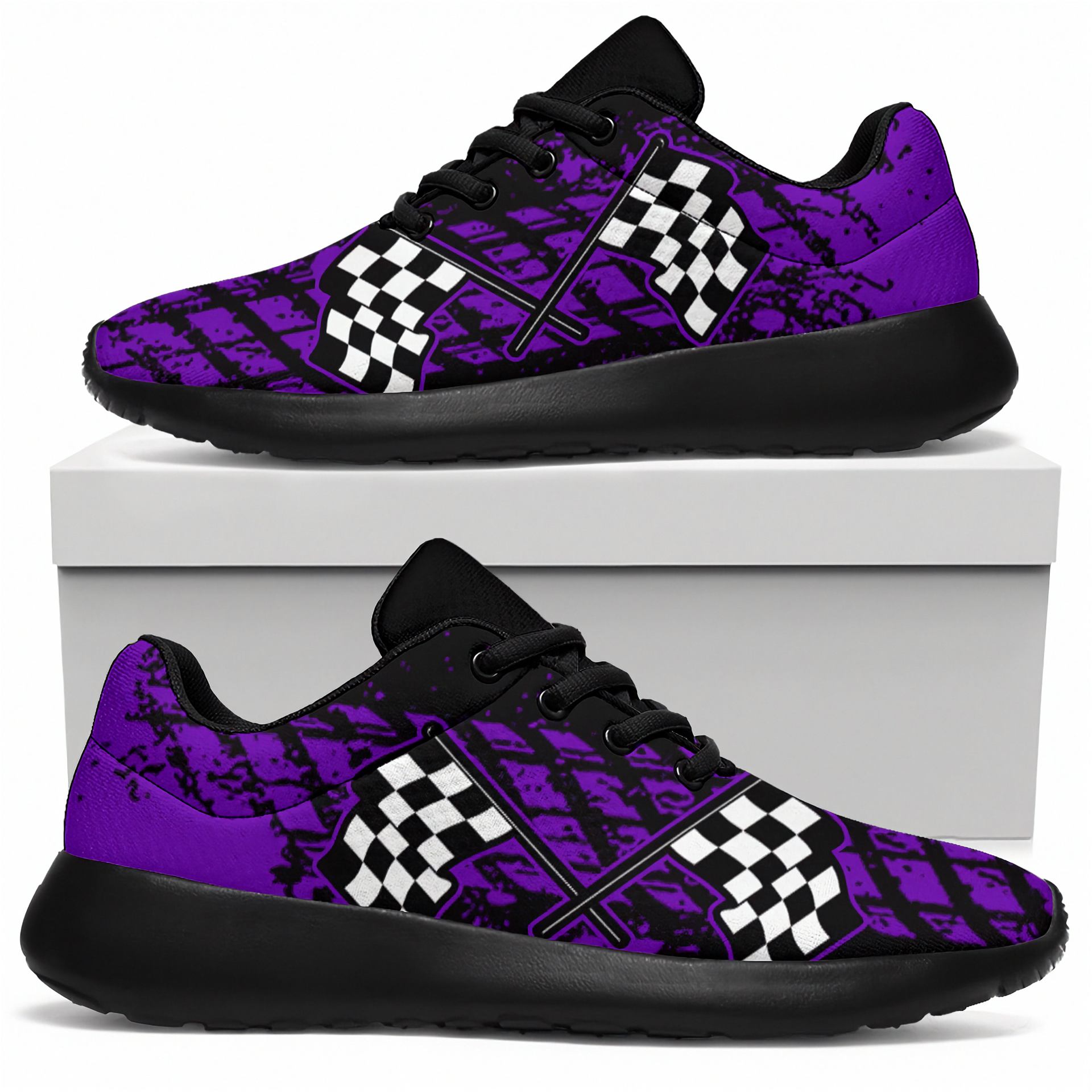 A pair of custom-designed dirt racing sneakers featuring a purple and black muddy tire track pattern with crossed checkered flags, shown from two different angles on a solid white background.