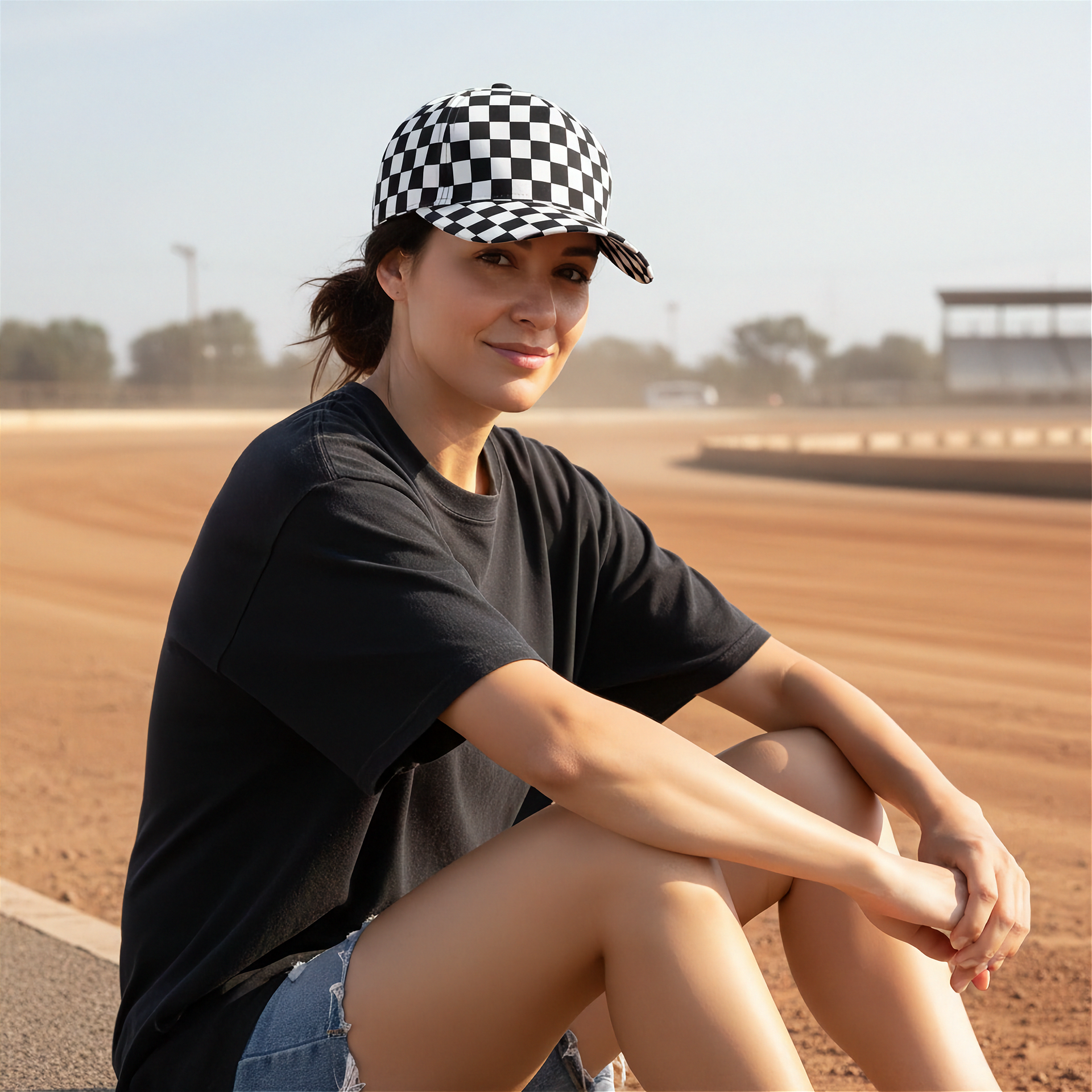 Woman sitting on a dirt track wearing a black and white checkered cap and black t-shirt.