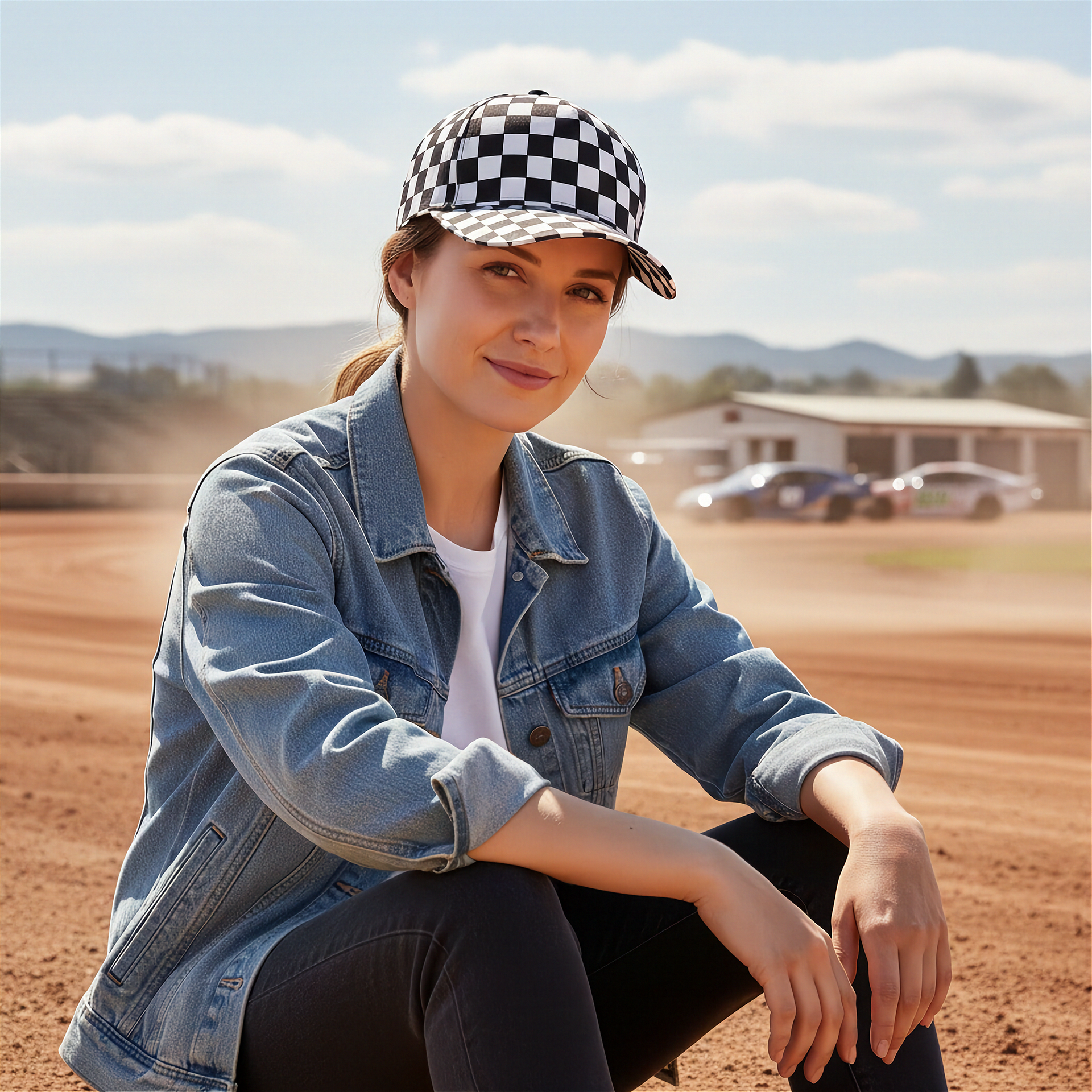 Woman wearing a checkered cap and denim jacket sitting on a dirt track with cars in the background.
