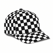 Black cap with white logo on a white background