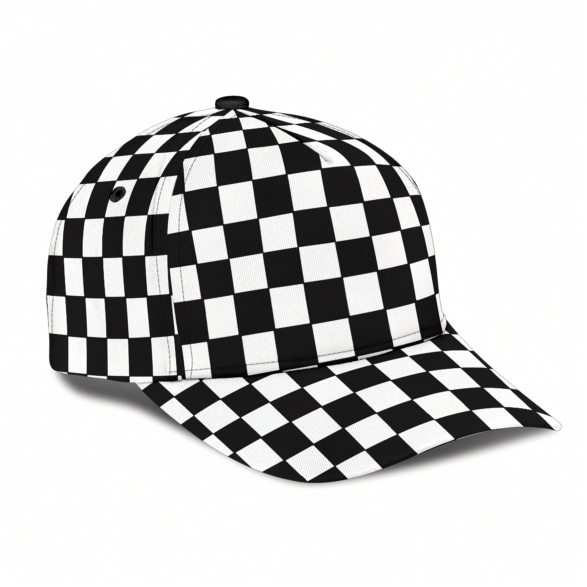 Black cap with white logo on a white background