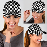 Woman wearing a black and white checkered cap in four different poses on a gray background