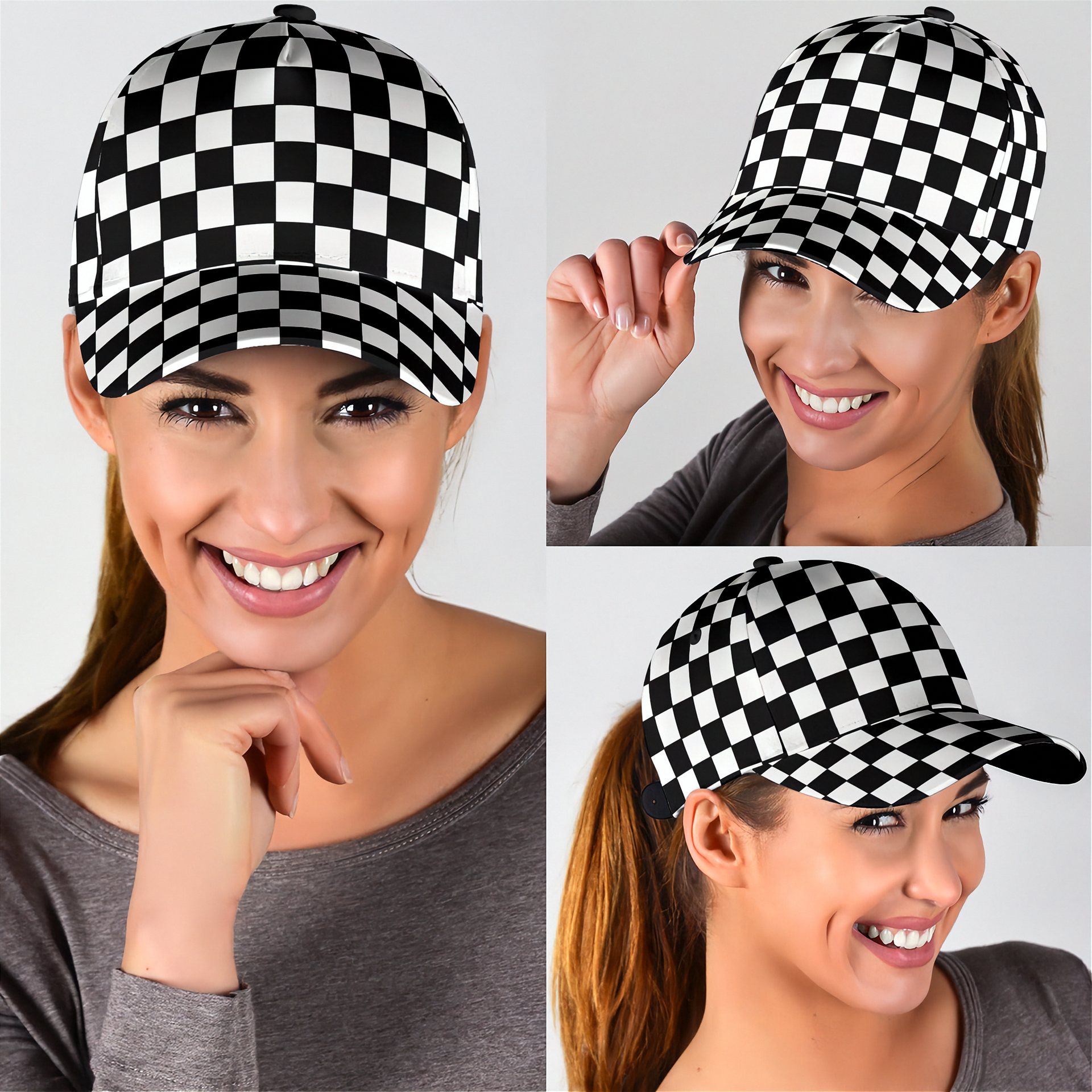 Woman wearing a black and white checkered cap in four different poses on a gray background