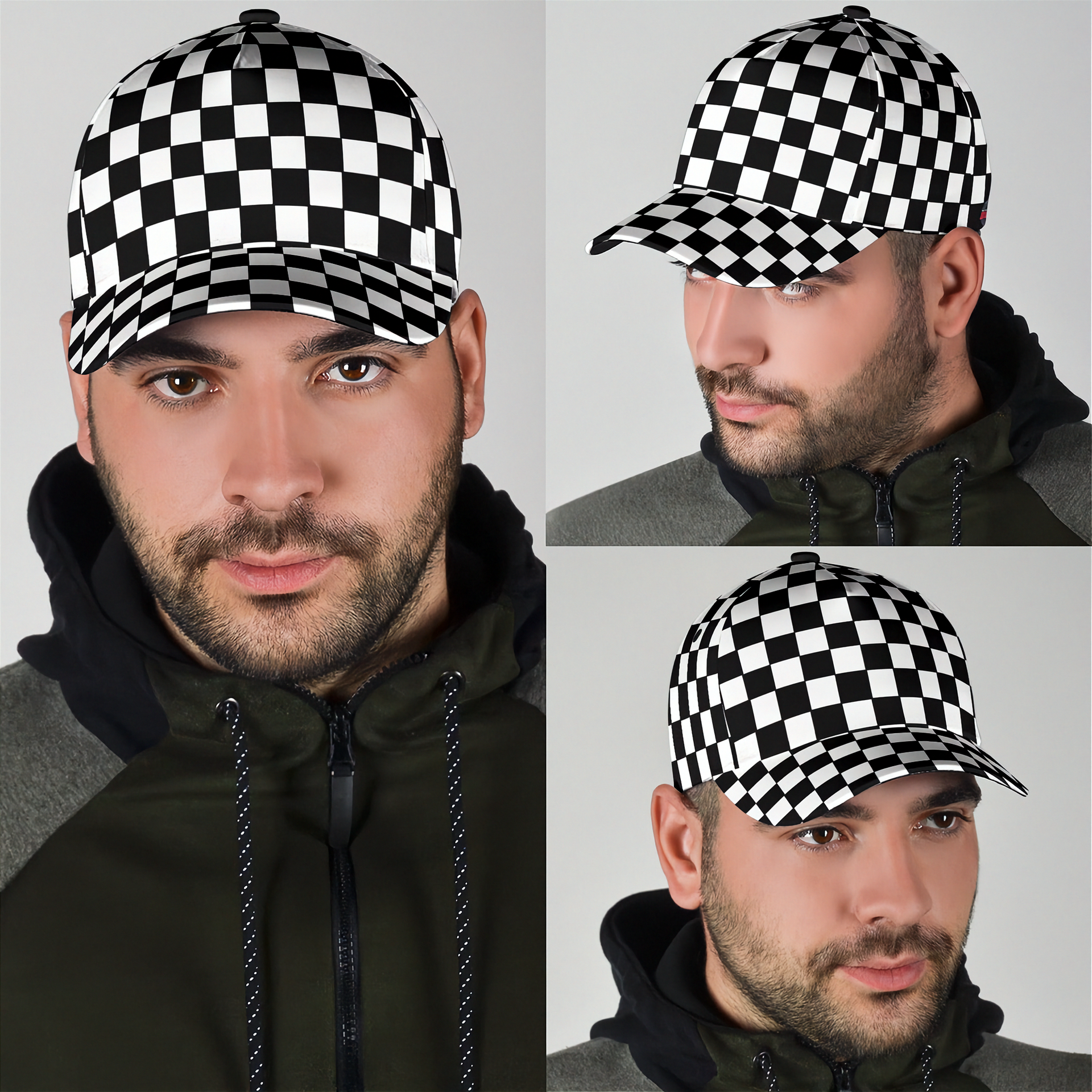 Collage of a man wearing a white and black checkered cap with a logo on a gray background