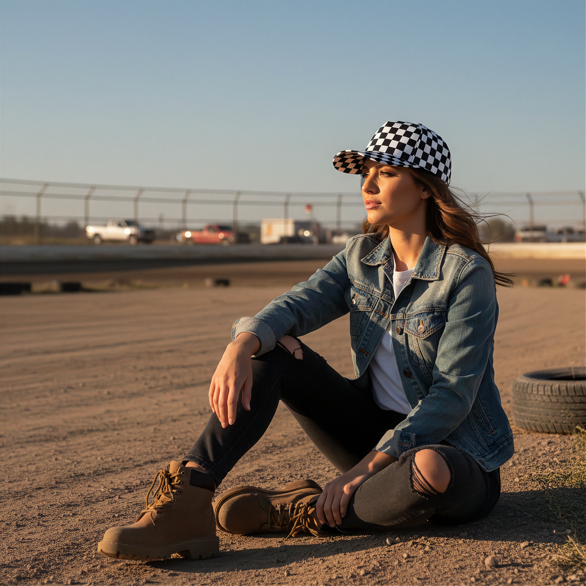 Woman sitting on a dirt track wearing a denim jacket, checkered cap, and brown boots.