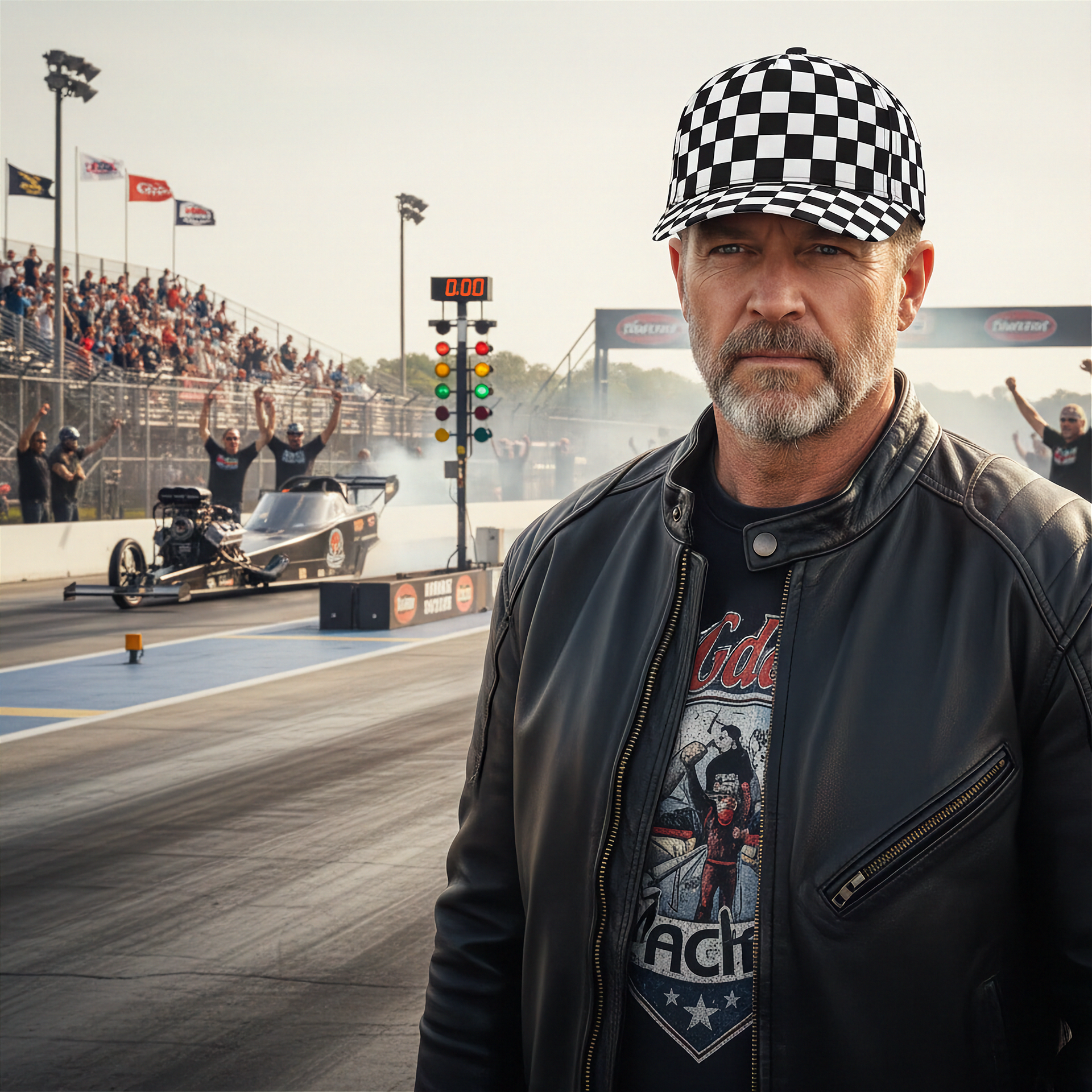 Man in checkered cap and leather jacket standing on a race track with a dragster and spectators in the background.